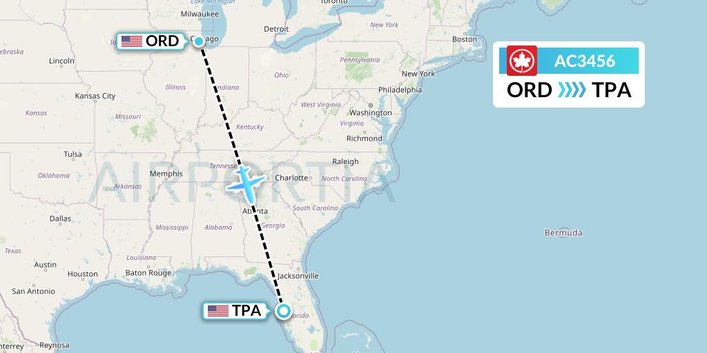 AC3456 Air Canada Flight Map: Chicago to Tampa