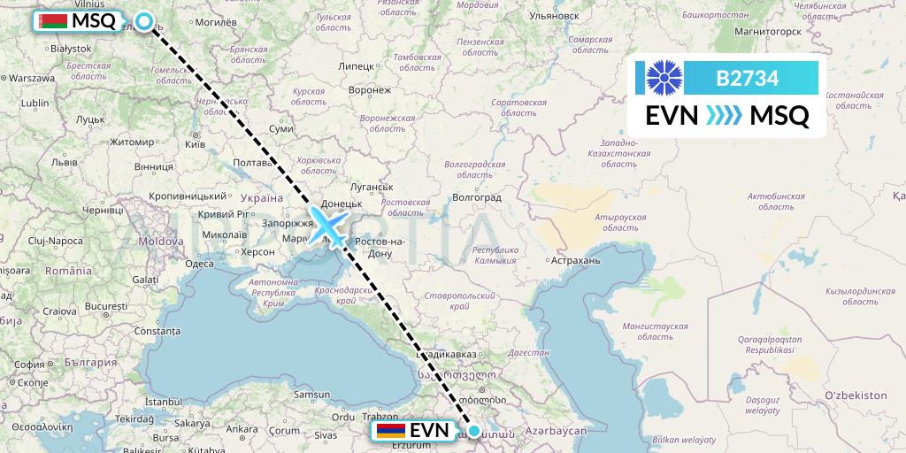 B2734 Belavia Flight Map: Yerevan to Minsk