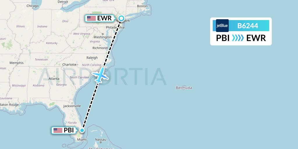 B6244 JetBlue Airways Flight Map: West Palm Beach to New York