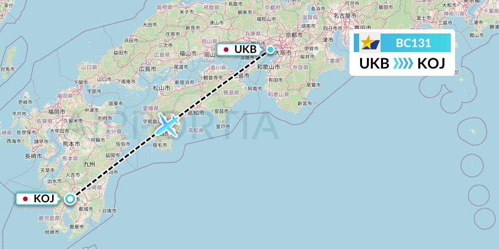 BC131 Skymark Airlines Flight Map: Kobe to Kagoshima