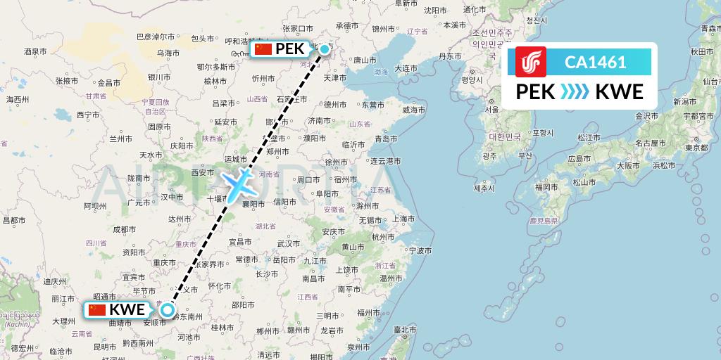 CA1461 Air China Flight Map: Beijing to Guiyang