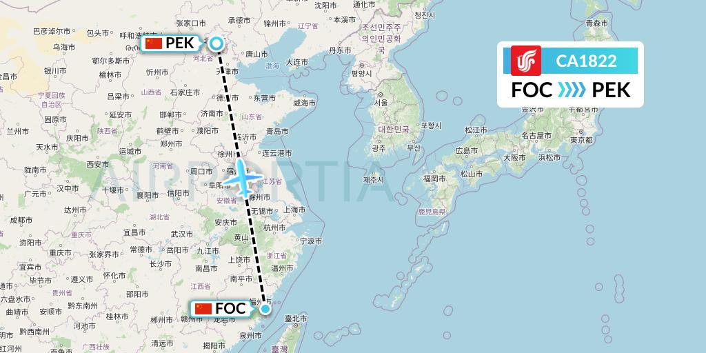 CA1822 Air China Flight Map: Fuzhou to Beijing