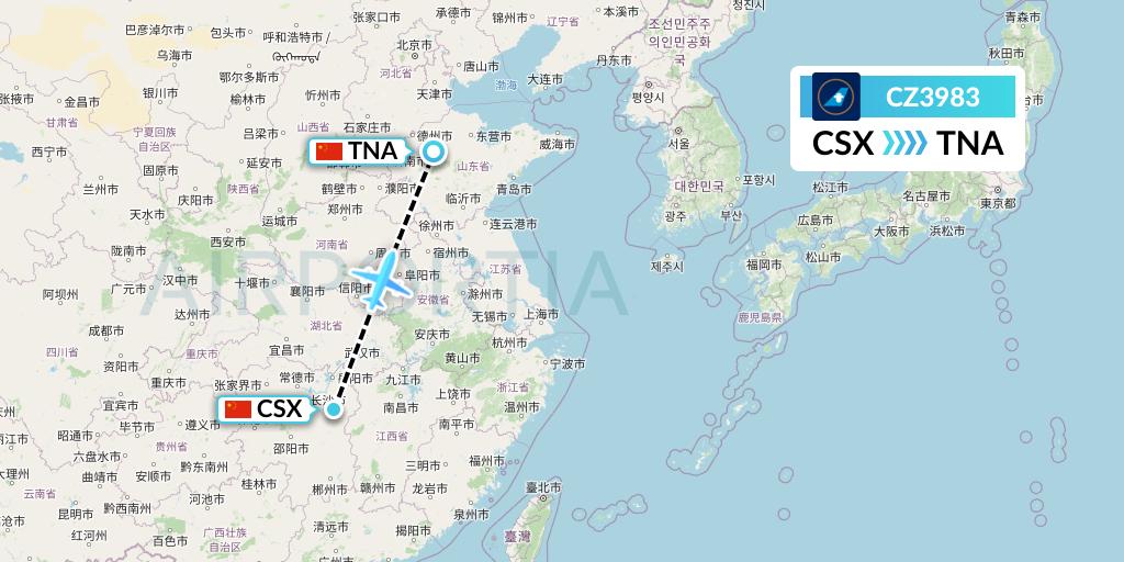 CZ3983 China Southern Airlines Flight Map: Changsha to Jinan