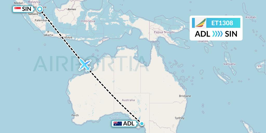 ET1308 Ethiopian Airlines Flight Map: Adelaide to Singapore