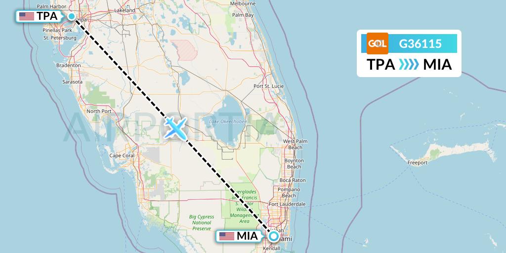 G36115 GOL Transportes Aeros Flight Map: Tampa to Miami