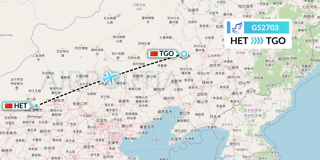 G52703 China Express Airlines Flight Map: Hohhot to Tongliao