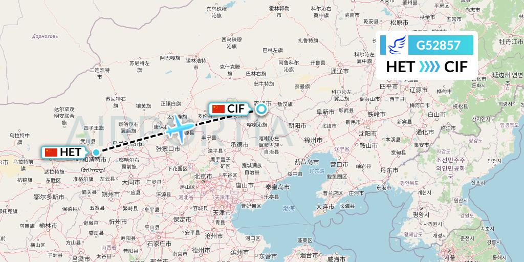 G52857 China Express Airlines Flight Map: Hohhot to Chifeng