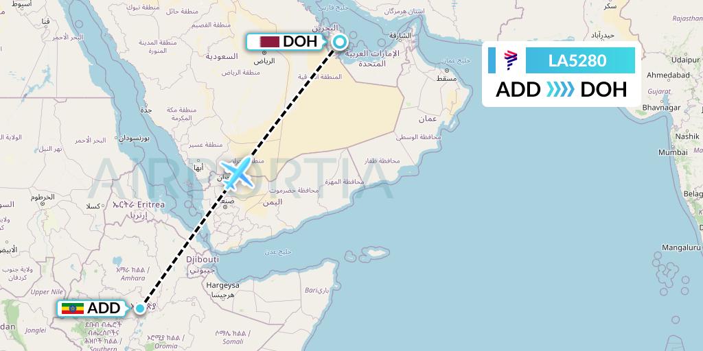 LA5280 LAN Airlines Flight Map: Addis Ababa to Doha