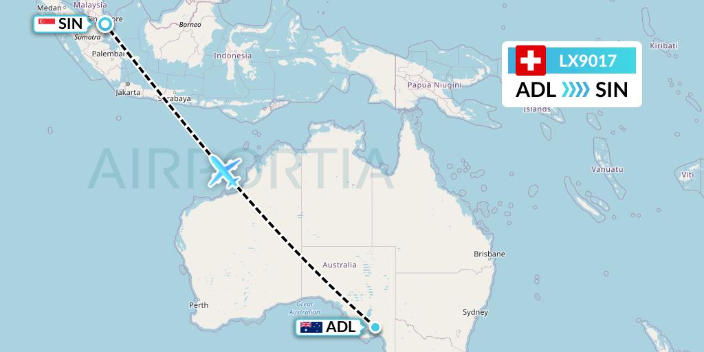 LX9017 Swiss Flight Map: Adelaide to Singapore