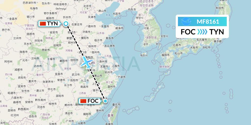 MF8161 Xiamen Airlines Flight Map: Fuzhou to Taiyuan