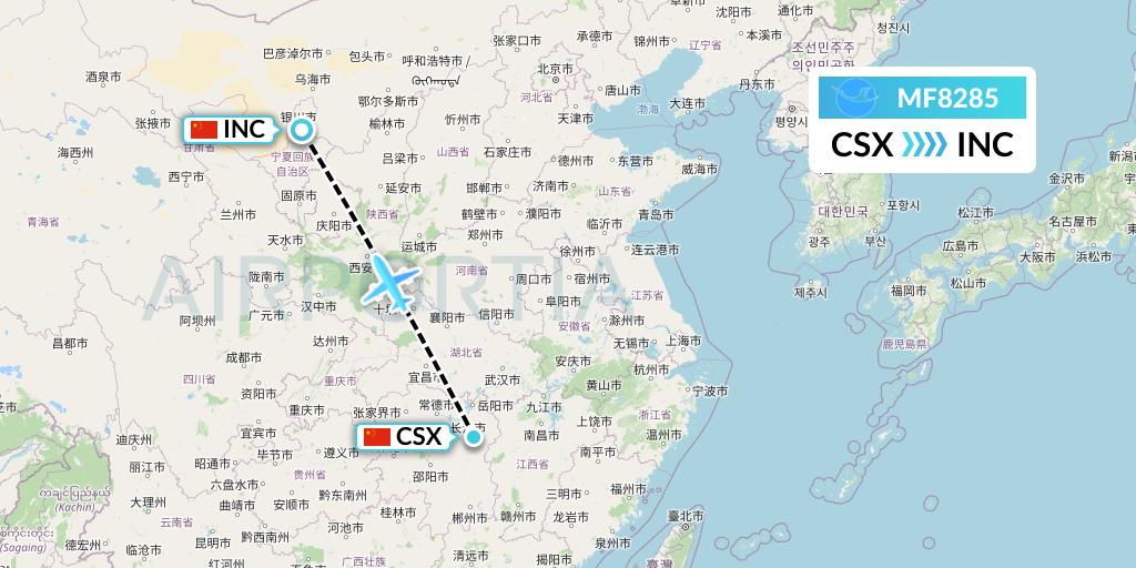 MF8285 Xiamen Airlines Flight Map: Changsha to Yinchuan