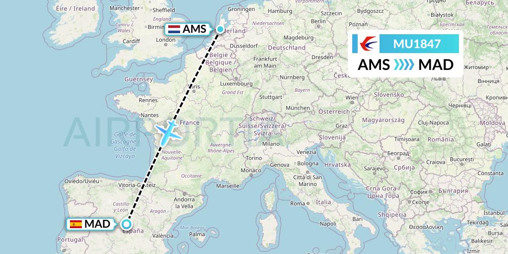MU1847 China Eastern Airlines Flight Map: Amsterdam to Madrid