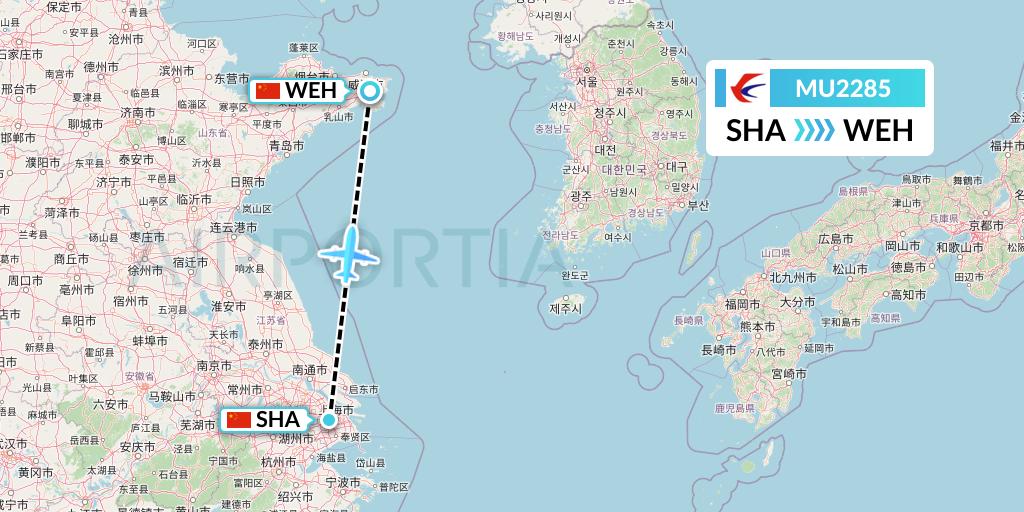 MU2285 China Eastern Airlines Flight Map: Shanghai to Weihai