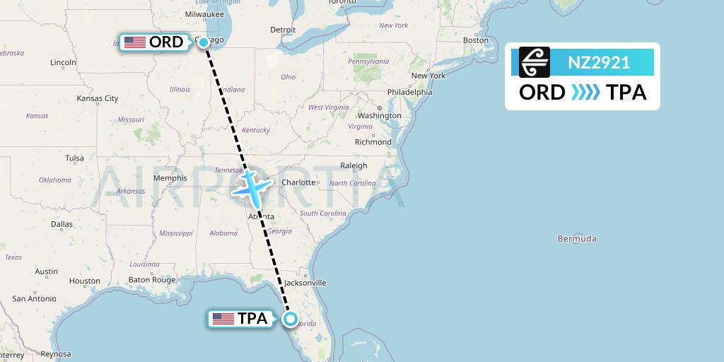 NZ2921 Air New Zealand Flight Map: Chicago to Tampa