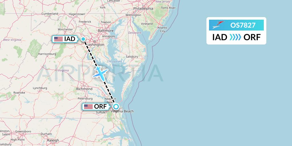 OS7827 Austrian Airlines Flight Map: Washington to Norfolk