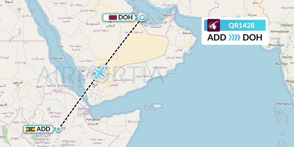 QR1428 Qatar Airways Flight Map: Addis Ababa to Doha