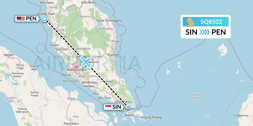 SQ8502 Singapore Airlines Flight Map: Singapore to Penang