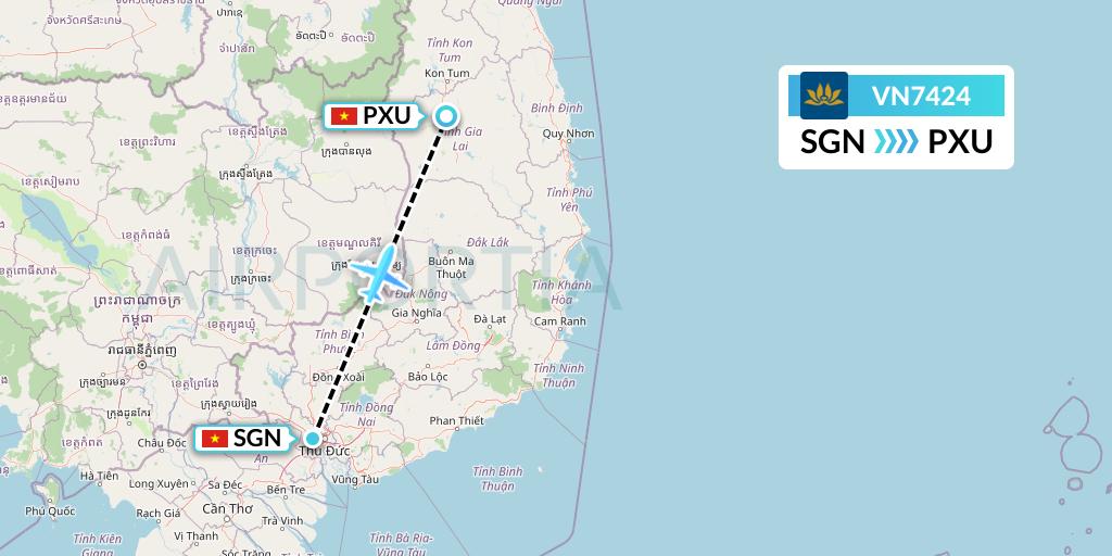 VN7424 Vietnam Airlines Flight Map: Ho Chi Minh City to Pleiku