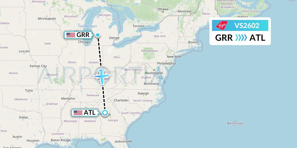VS2602 Virgin Atlantic Airways Flight Map: Grand Rapids to Atlanta