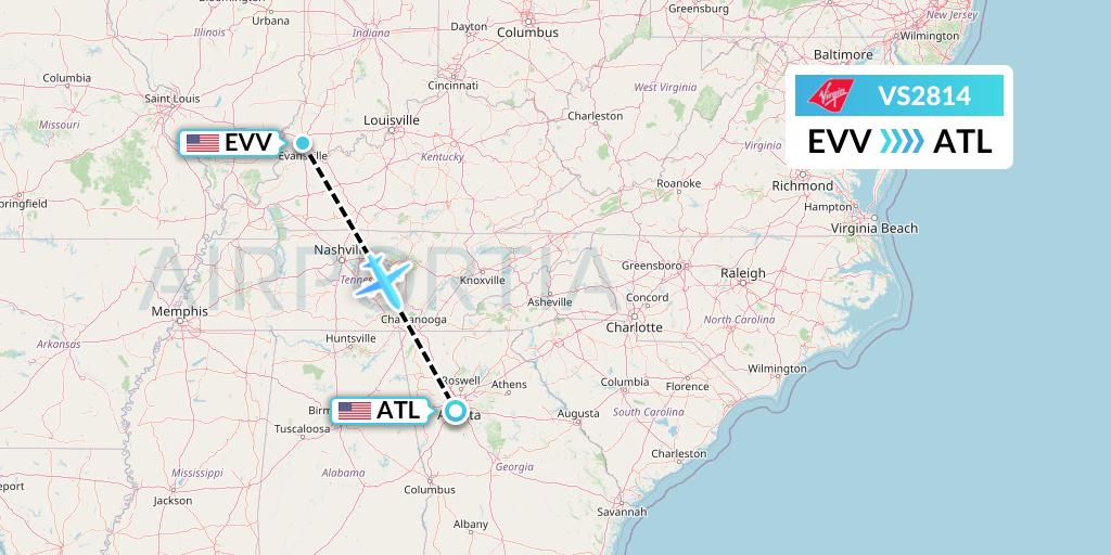 VS2814 Virgin Atlantic Airways Flight Map: Evansville to Atlanta