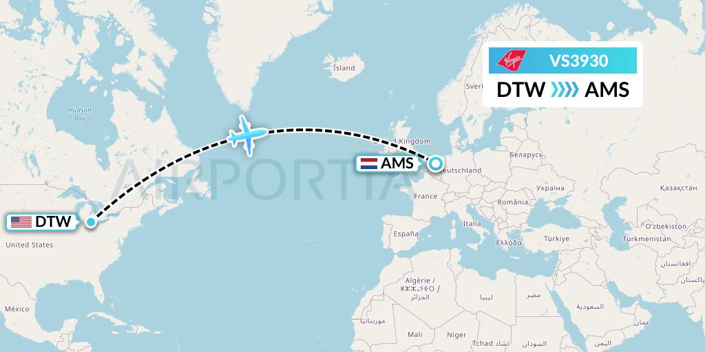 VS3930 Virgin Atlantic Airways Flight Map: Detroit to Amsterdam