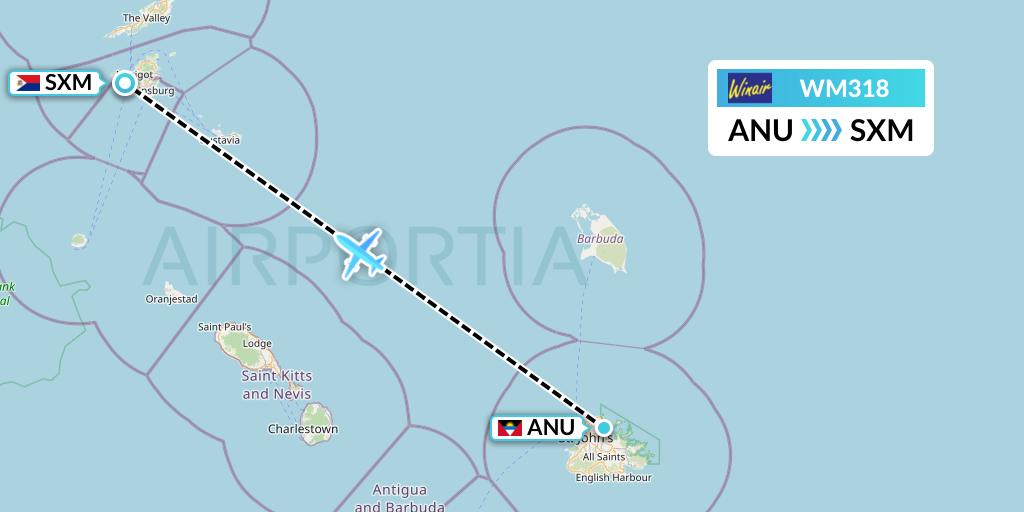 WM318 Winair Flight Map: Antigua to Sint Maarten