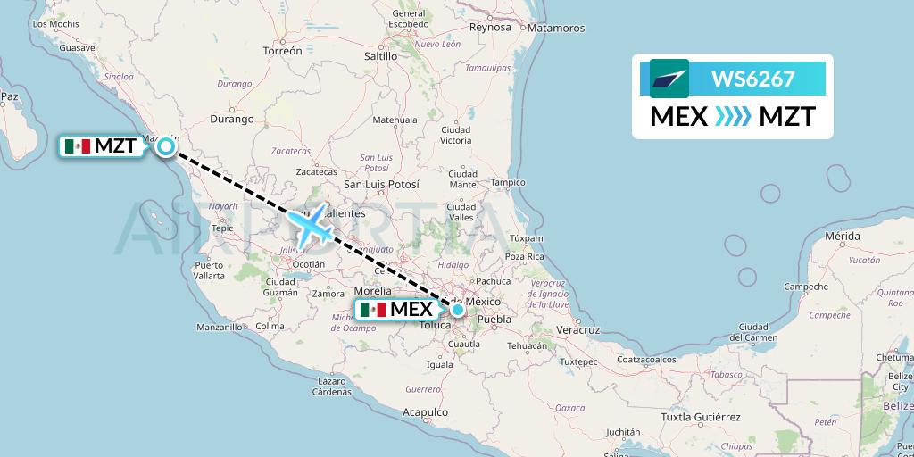 WS6267 WestJet Flight Map: Mexico City to Mazatlan
