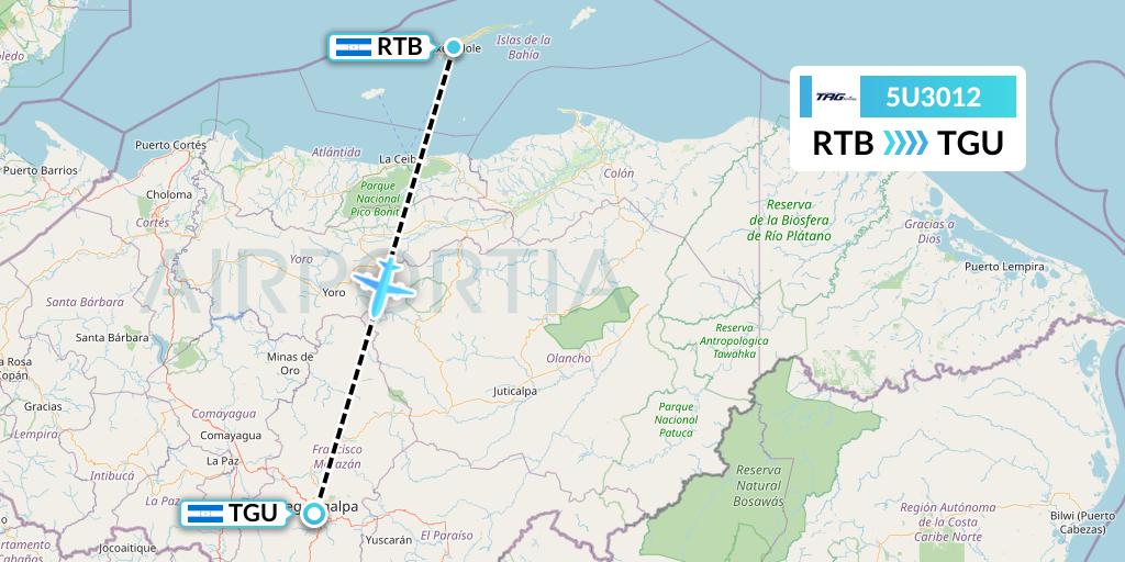 5U3012 TAG Airlines Flight Map: Roatan to Tegucigalpa