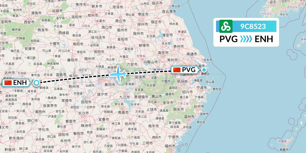 9C8523 Spring Airlines Flight Map: Shanghai to Enshi