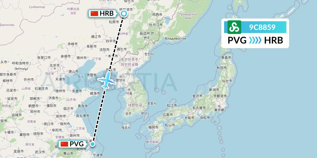 9C8859 Spring Airlines Flight Map: Shanghai to Harbin