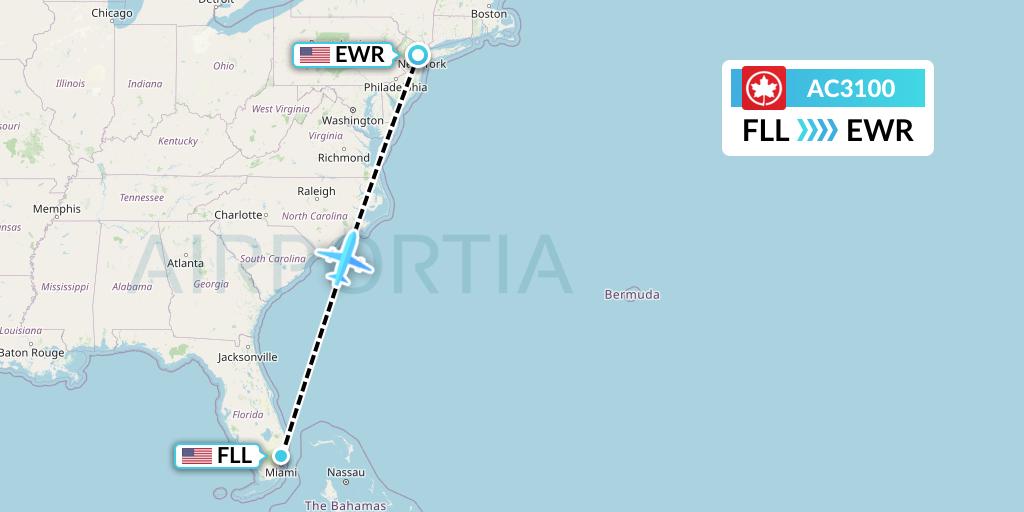 AC3100 Air Canada Flight Map: Fort Lauderdale to New York