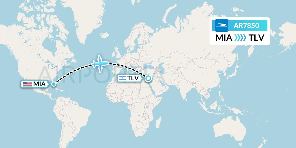 AR7850 Aerolineas Argentinas Flight Map: Miami to Tel Aviv