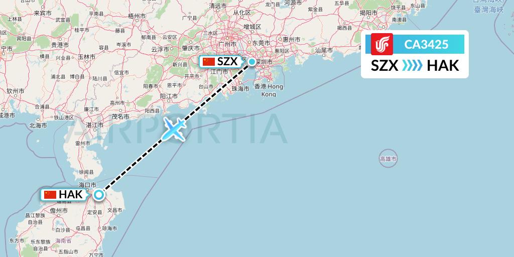 CA3425 Air China Flight Map: Shenzhen to Haikou