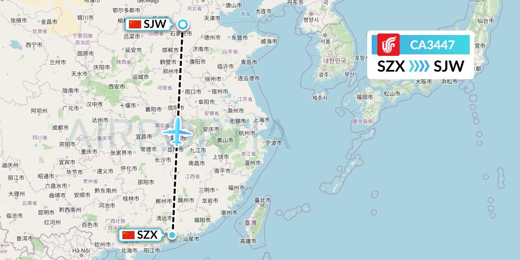 CA3447 Air China Flight Map: Shenzhen to Shijiazhuang