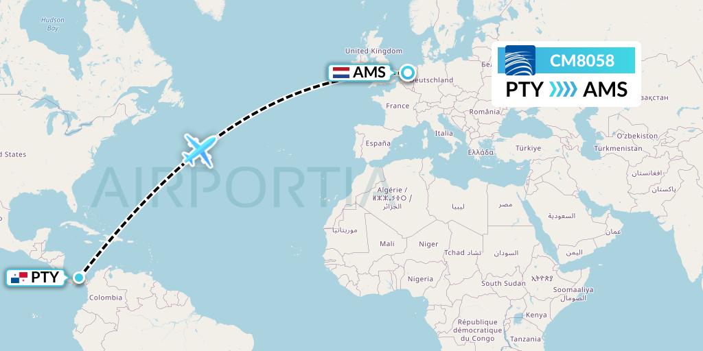 CM8058 Copa Airlines Flight Map: Panama City to Amsterdam