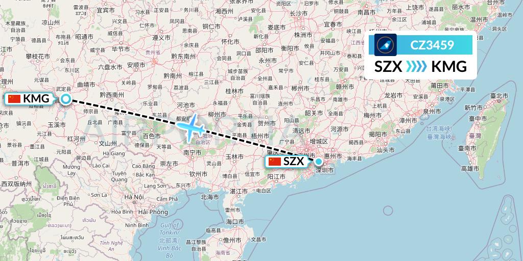 CZ3459 China Southern Airlines Flight Map: Shenzhen to Kunming