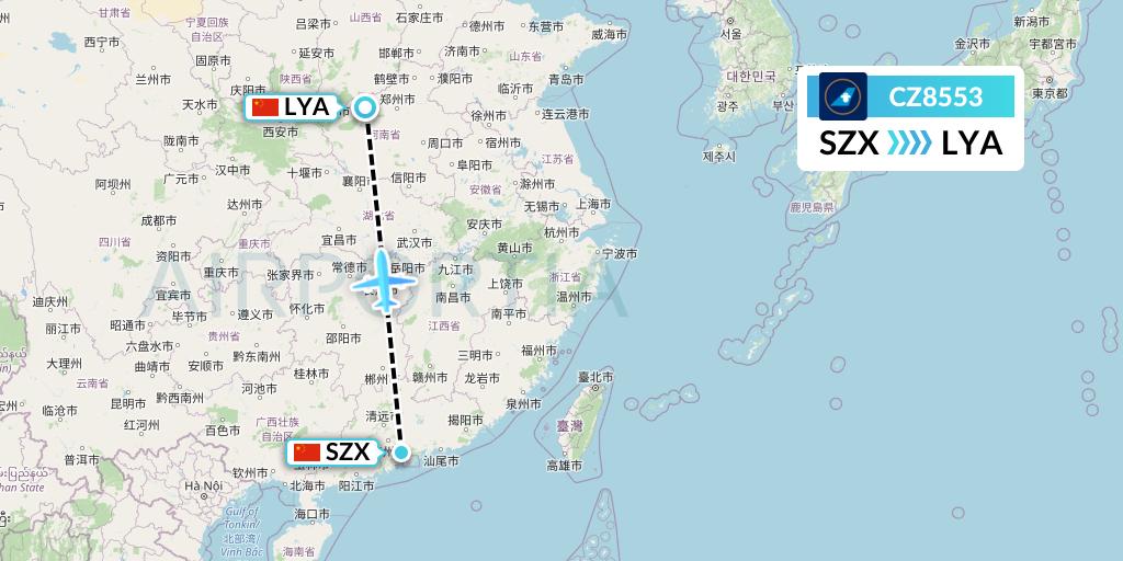 CZ8553 China Southern Airlines Flight Map: Shenzhen to Luoyang