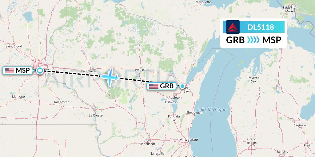 DL5118 Delta Air Lines Flight Map: Green Bay to Minneapolis