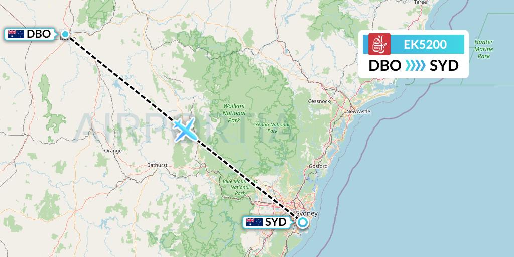 EK5200 Emirates Flight Map: Dubbo to Sydney