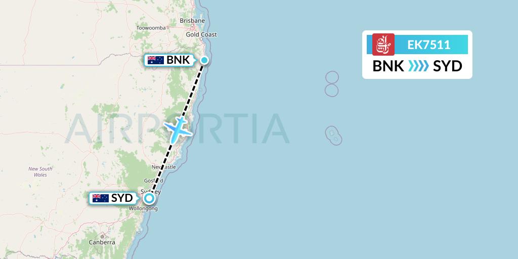 EK7511 Emirates Flight Map: Ballina to Sydney