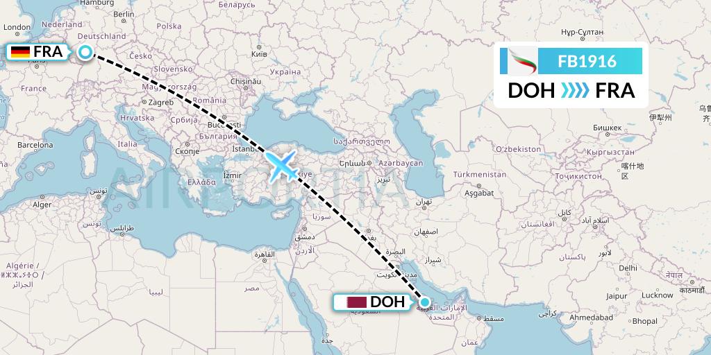 FB1916 Bulgaria Air Flight Map: Doha to Frankfurt
