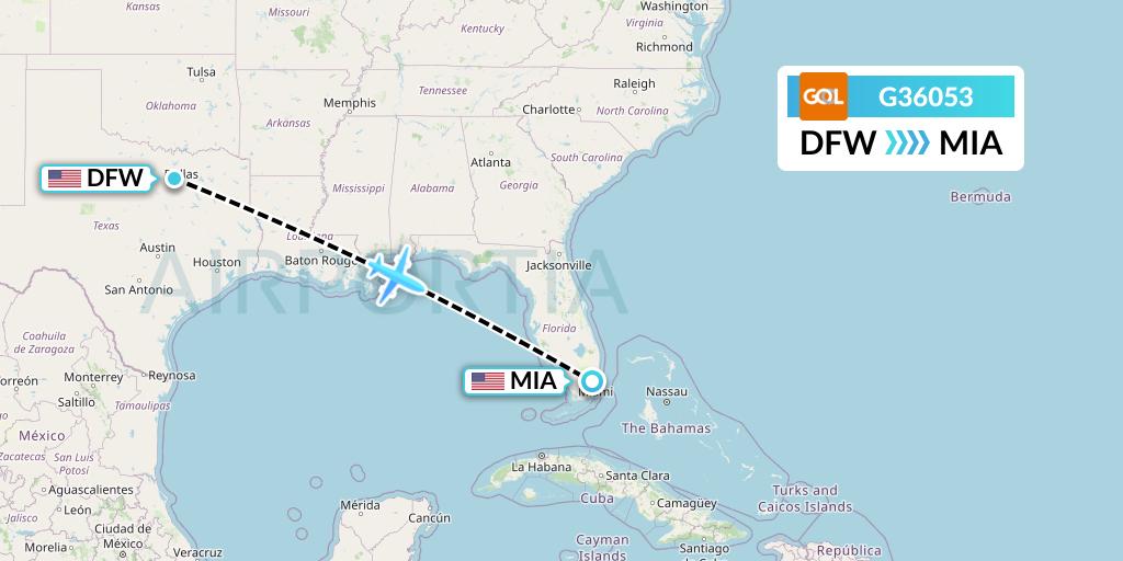 G36053 GOL Transportes Aeros Flight Map: Dallas to Miami