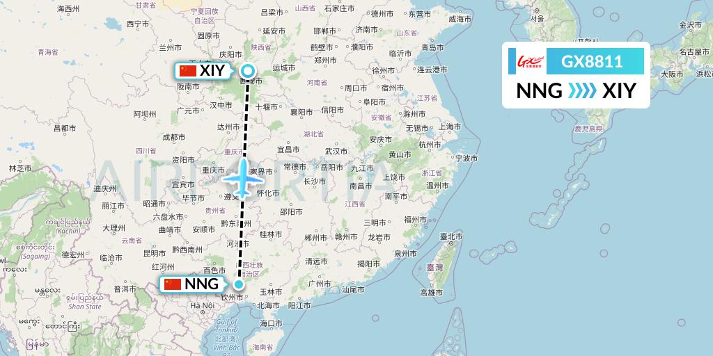GX8811 GX Airlines Flight Map: Nanning to Xi'an
