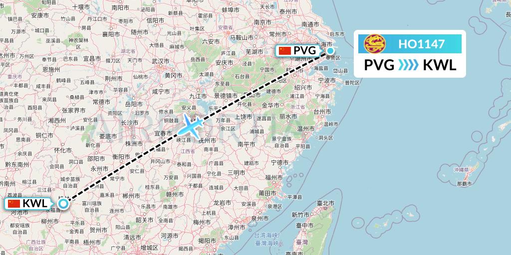 HO1147 Juneyao Airlines Flight Map: Shanghai to Guilin