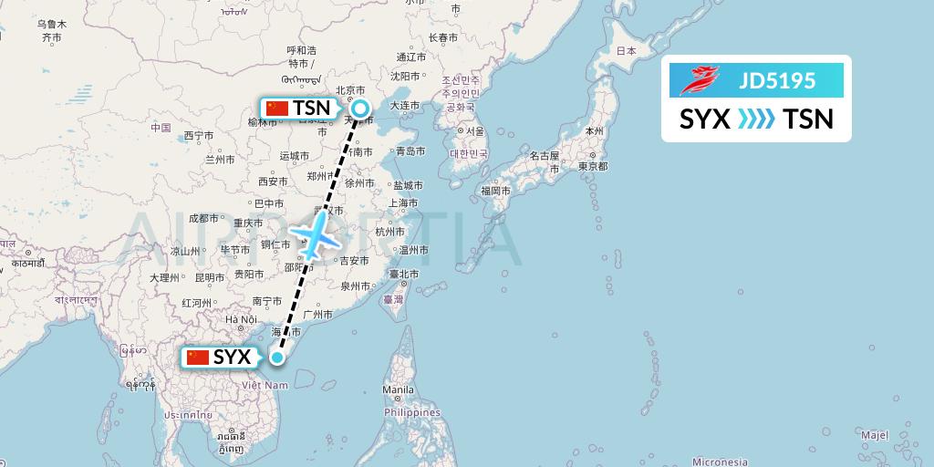 JD5195 Capital Airlines Flight Map: Sanya to Tianjin