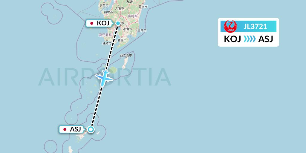 JL3721 Japan Airlines Flight Map: Kagoshima to Amami