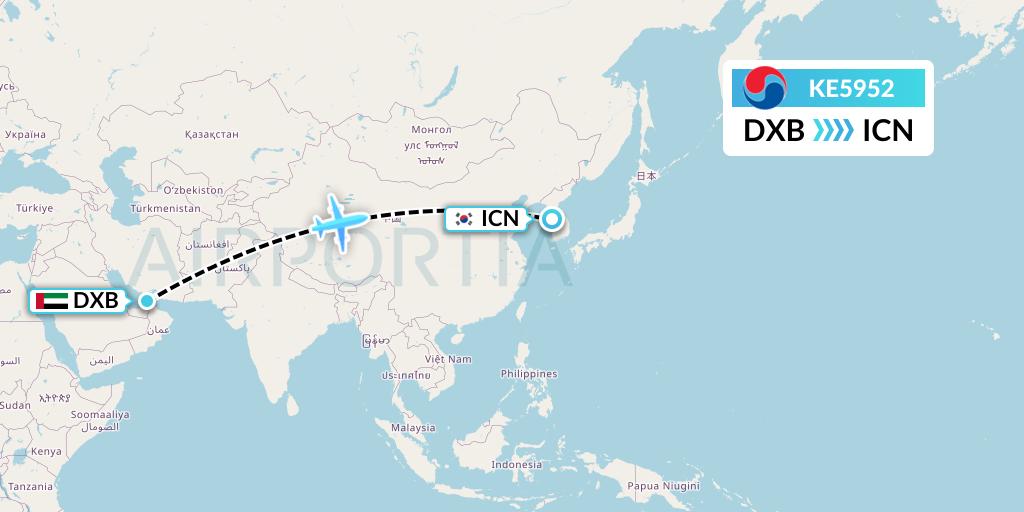 KE5952 Korean Air Flight Map: Dubai to Seoul