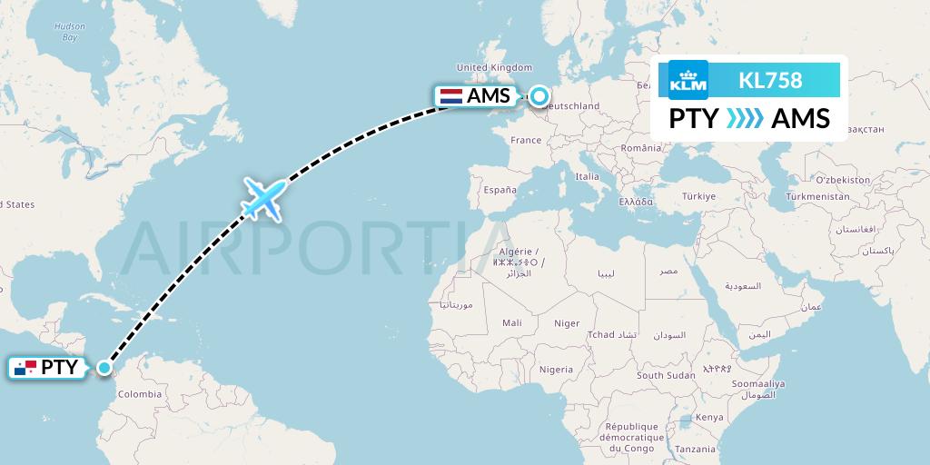 KL758 KLM Flight Map: Panama City to Amsterdam