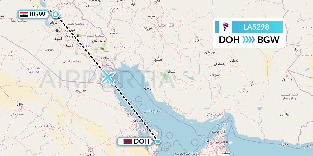 LA5298 LAN Airlines Flight Map: Doha to Baghdad