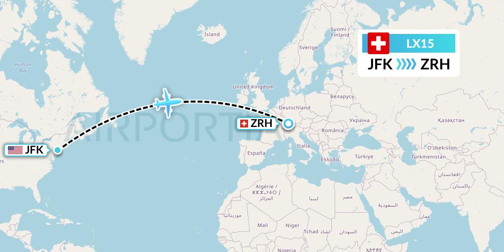 LX15 Swiss Flight Map: New York to Zurich